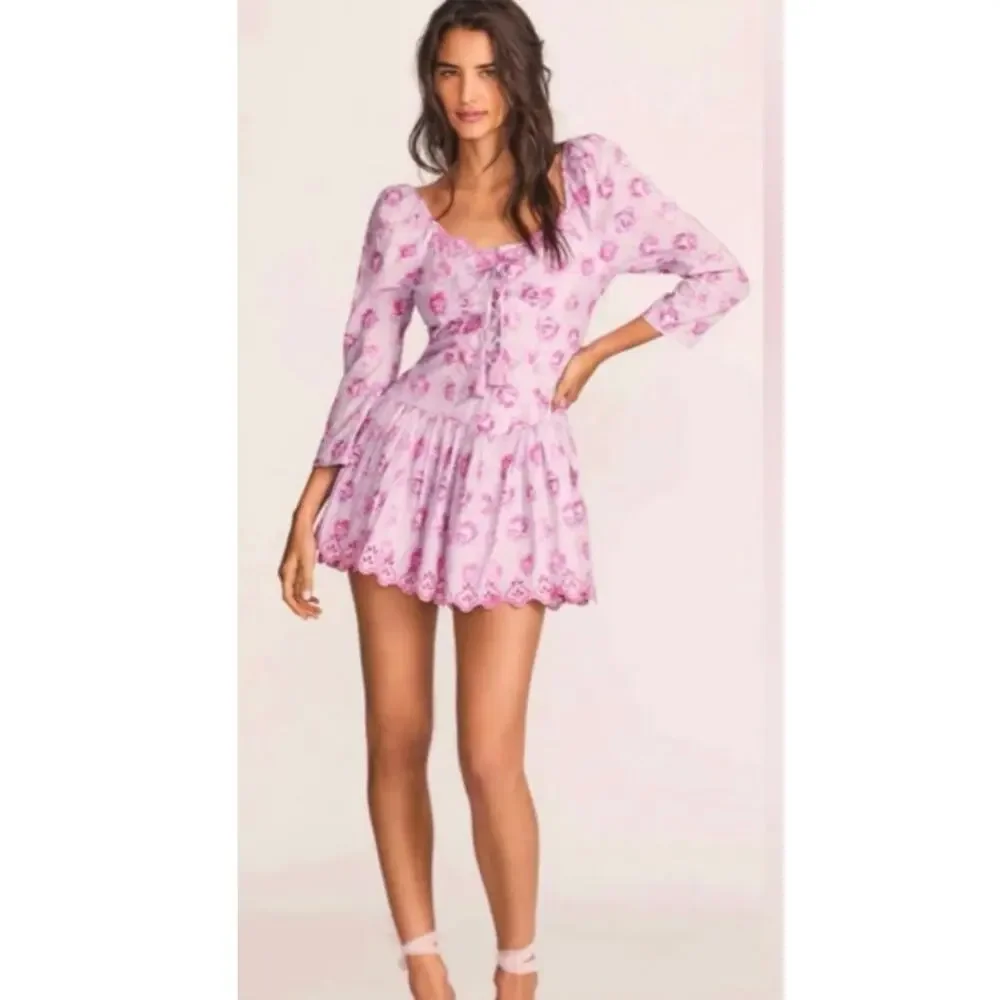 LoveShackFancy Deeba 8 Mini Dress Pink Lilac Fusion Pink Purple Lace Up - Picture 15 of 15